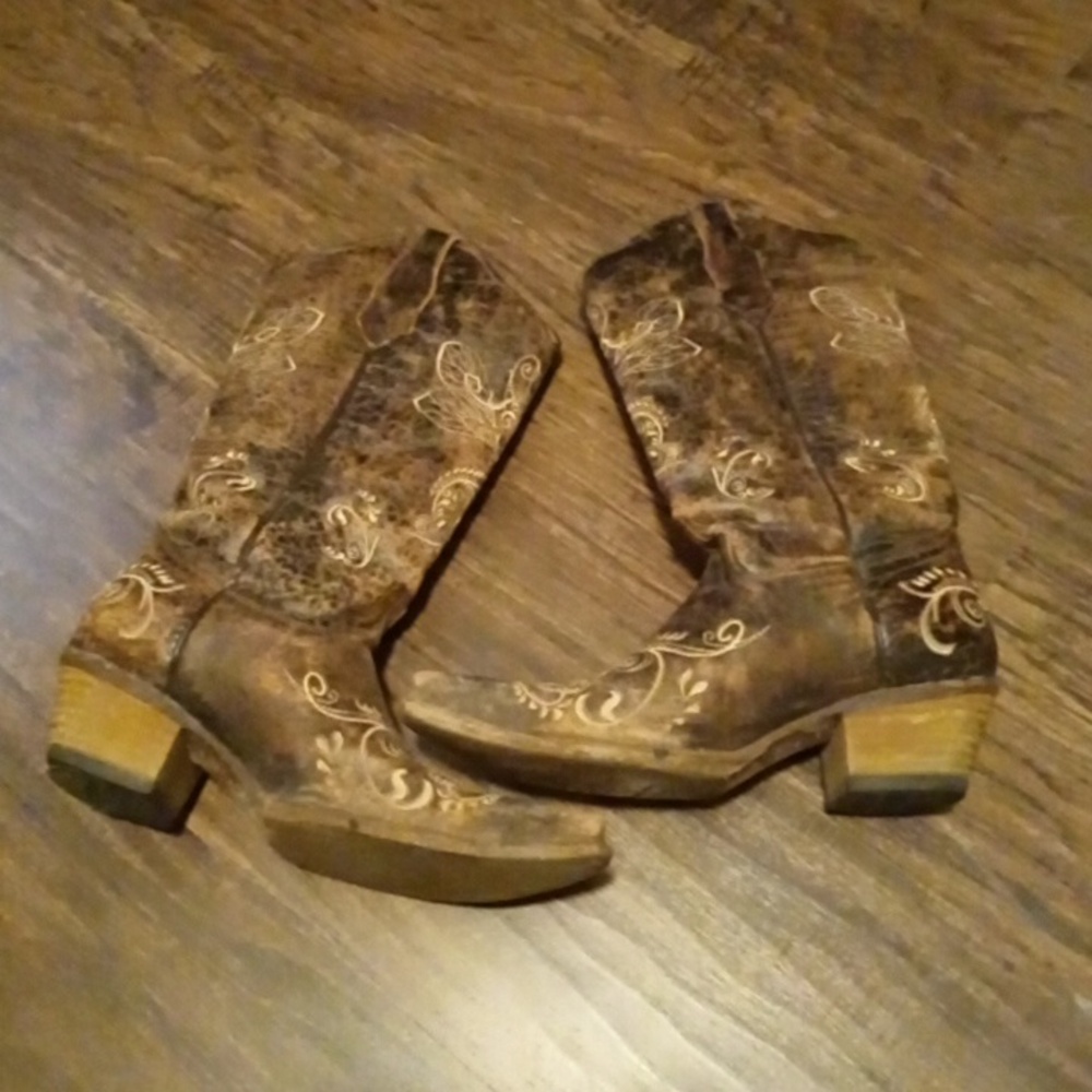Circle G Dragonfly Embroidered Cowgirl Western Cowboy Boots Lace Brown
